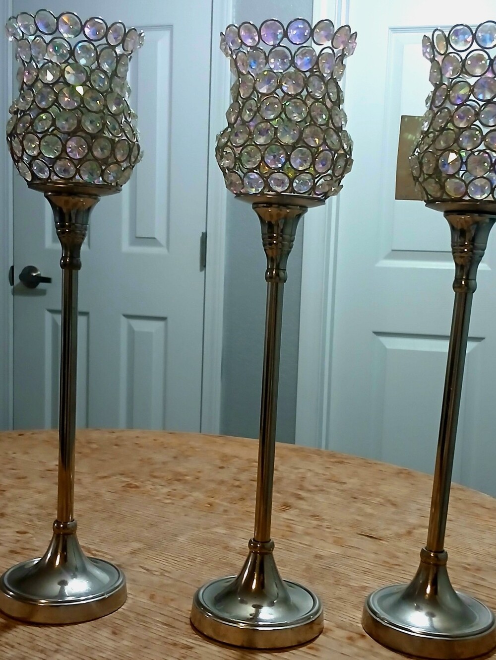 Bling Silvertone And Iridescent Stone Votive Candle Holders - Set of 3